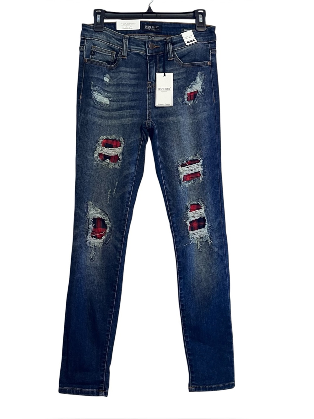 Judy Blue Size 7/28 Distressed Plaid Patch Skinny Jeans Dark Wash
